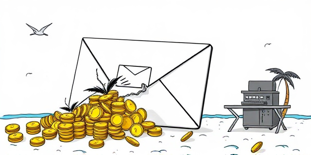 Una ilustración satírica estilo editorial de periódico. Un sobre de correo gigante y desgarrado que actúa como un saco de dinero, del cual salen monedas de oro hacia una playa tropical de Panamá. Al fondo, una oficina gubernamental gris y fría contrastando con la exuberancia del paraíso fiscal. Estilo de dibujo con trazos fuertes y colores contrastados, sin rostros humanos reconocibles.