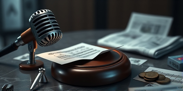 Una ilustración conceptual y satírica. Un micrófono de televisión antiguo transformado en un mazo de juez de madera, golpeando una partitura musical rota sobre un escritorio de mármol frío. Al fondo, un fajo de billetes de euros y un periódico doblado con titulares borrosos. Estilo editorial moderno, colores contrastados, iluminación dramática de juzgado.