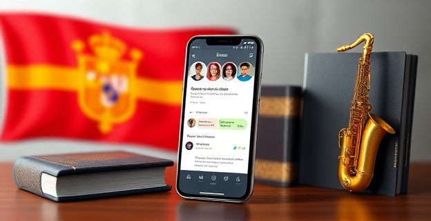 Imagen de una aplicación de móvil mostrando perfiles de personas con un fondo de la bandera catalana y un libro de catalán al lado. La pantalla muestra un chat con mensajes de texto en catalán y una fotografía de una pareja cenando con un saxofón de fondo.