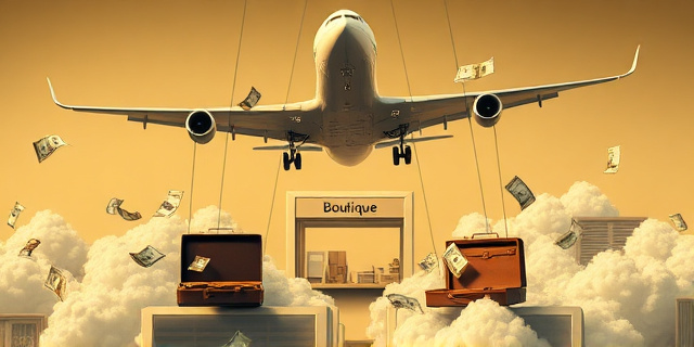 Una ilustración conceptual y satírica. Un avión comercial elegante pero con grietas, sostenido en el aire por hilos invisibles que bajan de una tienda de lujo minimalista llamada 