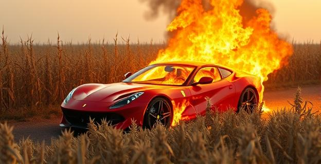 Un Ferrari F8 Tributo ardiendo en un campo de maíz seco con llamas que lo consumen todo alrededor