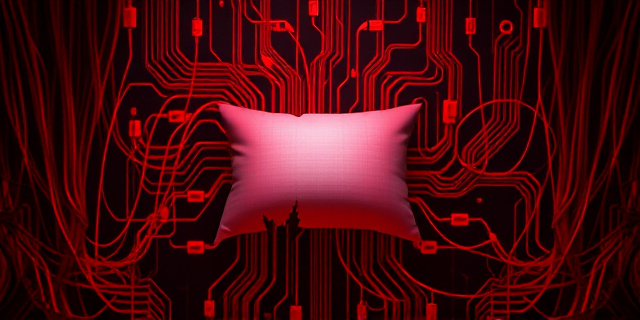 Imagen abstracta y oscura. Un laberinto de cables de ordenador en rojo intenso, representando la interconexión de datos. En el centro, una almohada parcialmente deshilachada, con un brillo digital que emana de su interior. Estilo: cyberpunk, contrastes marcados, iluminación dramática.