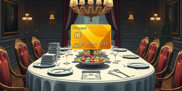 Una ilustración conceptual y satírica que muestra una mesa de comedor familiar elegante donde, en lugar de comida, hay fajos de billetes y contratos públicos. En el centro, una tarjeta de crédito dorada gigante actúa como centro de mesa. Estilo de caricatura editorial moderna, colores contrastados, atmósfera de opulencia oculta y secretismo.