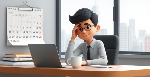 Una imagen que represente a un trabajador sentado en una mesa de despacho con una mano en la frente y una taza de café al lado, mientras que al fondo se ve un calendario con varios días marcados y una ventana con una vista a una ciudad gris y lluviosa.