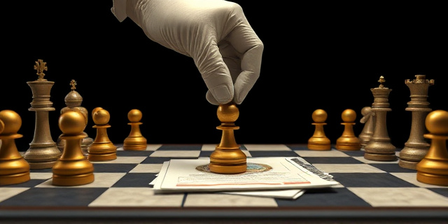 Una ilustración conceptual al estilo editorial de prensa. Un gran tablero de ajedrez donde una mano enguantada en seda mueve una pieza que representa un banco hacia fuera del tablero, mientras coloca una pieza con el sello de un ministerio sobre un montón de documentos financieros confidenciales. Fondo oscuro con tonos dorados y grises, atmósfera de intriga política y poder, estilo minimalista y cínico.