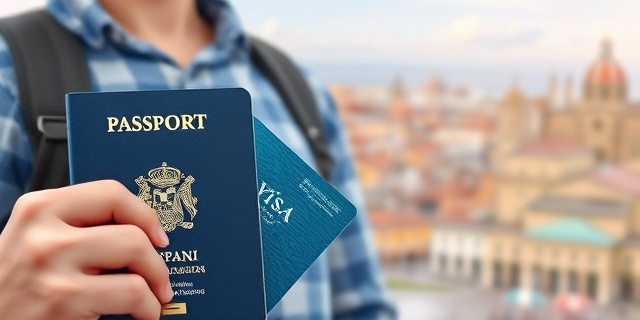 Una imagen de una persona con un pasaporte y un visado, con un fondo de una ciudad española