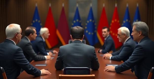 Una imagen que represente la tensión entre líderes europeos en una reunión, con una figura central (Sánchez) que parece excluida o marginada, mientras otros líderes se reúnen en un círculo cerrado. El fondo podría incluir elementos que simbolizan la Unión Europea, como banderas o mapas de Europa.