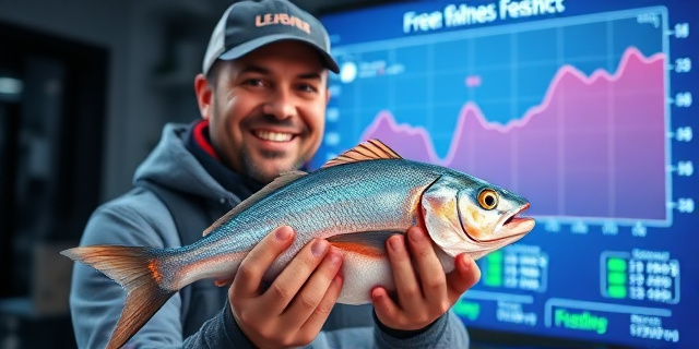 Un pescador sonriente sostiene un pescado brillante frente a una pantalla holográfica que muestra una gráfica de frescura en tiempo real; a su lado, sensores de alta tecnología envuelven el pescado como una manta de datos, con luces verdes que indican frescura y rojas que advierten sobre deterioro.