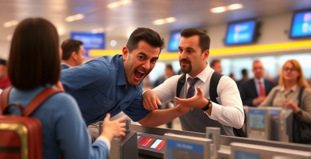 Un hombre furioso golpeando a un empleado de una aerolínea en un mostrador de facturación de equipaje, con otros pasajeros y empleados alrededor en un ambiente tenso