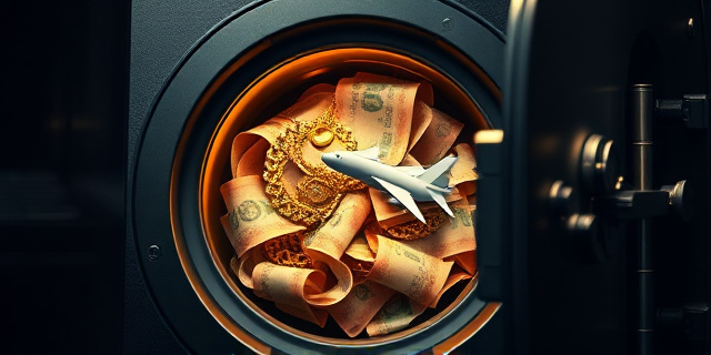 Una imagen conceptual y satírica. Un primer plano de una caja fuerte abierta donde brillan joyas lujosas, pero que en lugar de oro, las joyas están entrelazadas con billetes de banco y un avión de papel que representa una aerolínea. Fondo oscuro de despacho gubernamental con un aura de misterio, estilo óleo contemporáneo con contrastes fuertes de luz y sombra.