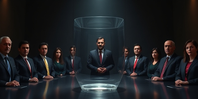 Un cuarto oscuro en la sede del PSOE con una urna de metacrilato vacía, mientras Pedro Sánchez y José Luis Ábalos se ven en la sombra, rodeados de dirigentes del partido con cara de sorpresa y preocupación.