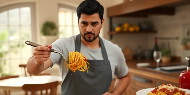 Un hombre de cabello oscuro, con bata de cocina, revolviendo espaguetis con salsa de huevo y bacon en una cocina mediterránea iluminada por luz natural. Al fondo, una mesa con vino y un plato de pasta carbonara servido, con la mirada pensativa del cocinero.