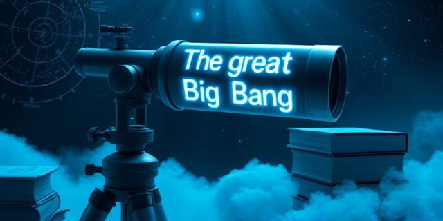 Un telescopio futurista flotando sobre una nube de polvo cósmico, con una pantalla que muestra la frase “The great Big Bang misconception” en letras luminosas, rodeado de mapas estelares y una pila de libros sin portada visible, todo en tonos oscuros y azul eléctrico.