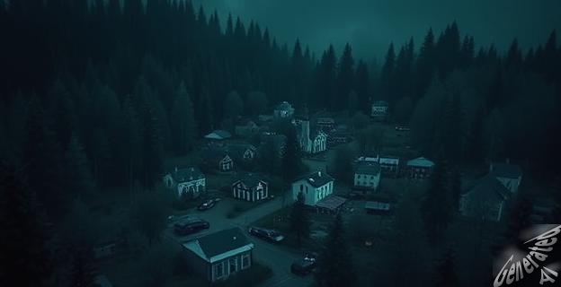 Una imagen oscura y misteriosa de un pueblo rodeado de bosques densos, con un agente del Servicio Secreto en el centro, investigando desapariciones.