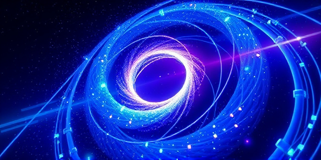 Representación abstracta de una galaxia espiral con cables de fibra óptica entrelazados, simbolizando la conexión global. Colores predominantemente azules y morados, con destellos de luz que sugieren velocidad y seguridad. Estilo futurista y minimalista.