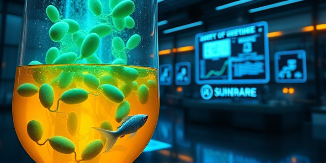 
  Una imagen surrealista de un tubo de ensayo gigante lleno de bacterias brillantes (como luces de neón verdes y azules) flotando en un líquido dorado, con el reflejo de un pez cebra nadando entre ellas. Al fondo, un laboratorio futurista con pantallas holográficas mostrando gráficos moleculares y un frasco de crema solar derretido transformándose en una bacteria sonriente. Estilo cyberpunk mezclado con ilustración científica vintage, colores fríos y cálidos en contraste, sin texto. Texturas orgánicas y tecnológicas entrelazadas: ADN visible en las paredes y cables que parecen venas.
