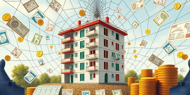 Una ilustración conceptual y satírica que muestra un edificio de viviendas a medio construir, atrapado en una telaraña gigante hecha de formularios administrativos y sellos oficiales. Alrededor, relojes de arena que se rompen y monedas de oro que se evaporan en el aire, estilo editorial de revista económica, colores contrastados y atmósfera surrealista.