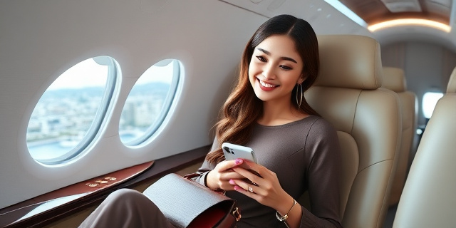 Una mujer joven con un bolso de diseño y un teléfono móvil, sentada en un avión de lujo, con una sonrisa en el rostro. Al fondo, una ciudad empequeñecida.