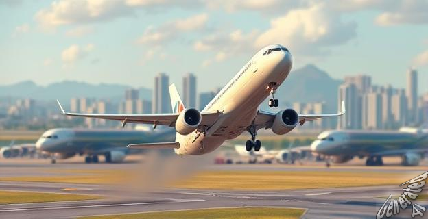 Un avión despegando de un aeropuerto con una ciudad al fondo