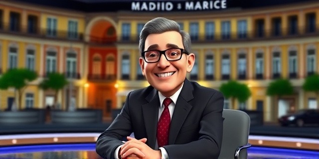 Un ministro sonriente sentado en un plató de televisión, con un fondo de Madrid