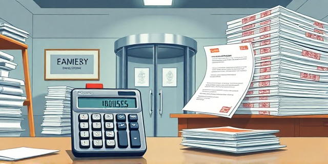 Una ilustración satírica de estilo editorial. Un escritorio gubernamental masivo lleno de montañas de papeles oficiales y sellos rojos, mientras que al fondo se ve una puerta giratoria que conduce a una oficina de empleo vacía. En primer plano, una calculadora antigua mostrando un resultado erróneo y un documento oficial que flota en el aire, simbolizando la burocracia desconectada de la realidad laboral.