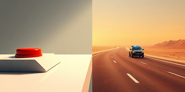 Una ilustración conceptual y satírica. En un lado, un escritorio gubernamental impecable con un botón rojo brillante. En el otro, una carretera infinita y calurosa con una pequeña luz naranja parpadeando en la distancia y una patrulla de policía exhausta, representada como un juguete pequeño y desgastado, tratando de llegar a diez puntos diferentes a la vez. Estilo editorial de revista, colores contrastados, atmósfera de absurdo burocrático.