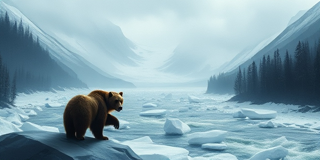 Una ilustración conceptual y dramática de un paisaje gélido de Alaska con un río caudaloso. En primer plano, la silueta imponente de una osa parda dominando la escena, con un estilo artístico de acuarela oscura y contrastes fuertes, evocando la brutalidad de la naturaleza y la vigilancia tecnológica mediante un pequeño icono de cámara flotando en una esquina.