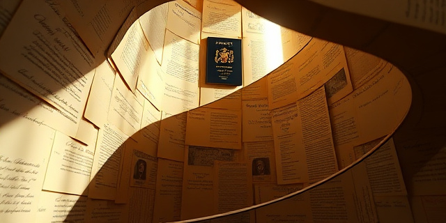 Una escalera caracol ascendente, hecha de documentos antiguos y amarillentos, con un pasaporte español en la cima. La luz ilumina la escalera desde abajo, creando sombras dramáticas. Estilo pictórico, reminiscente de un cuadro barroco.