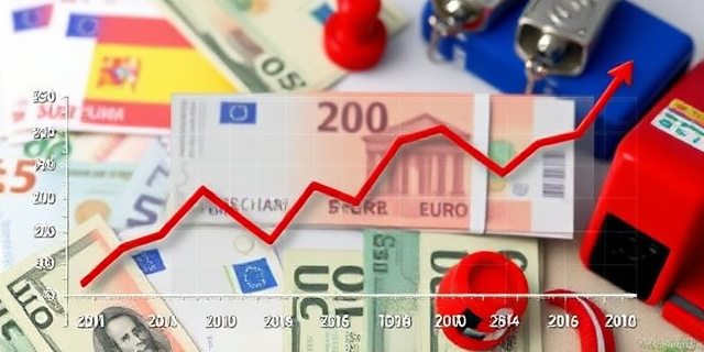 Un gráfico que muestra la evolución de la inflación en España, con una línea roja que sube y baja, y un fondo de billetes de euros y productos de consumo