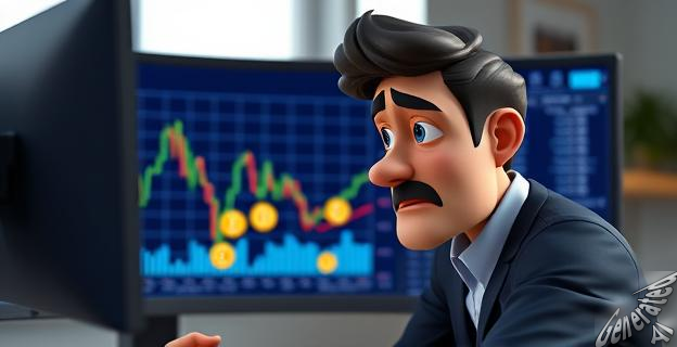 Un hombre de negocios mirando un gráfico de bitcoin en una pantalla de computadora, con una expresión seria y preocupada, mientras una gran cantidad de bitcoins se ve en la pantalla.