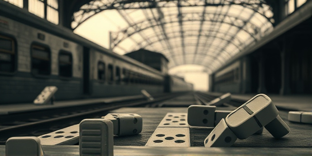 Una estación de tren antigua, con señales de desgaste y óxido. En primer plano, un tablero de dominó con piezas caídas, representando la inestabilidad y el caos. Tonos sepia y grises, con una iluminación dramática que enfatiza las sombras. Estilo pictórico, reminiscente de Edward Hopper.