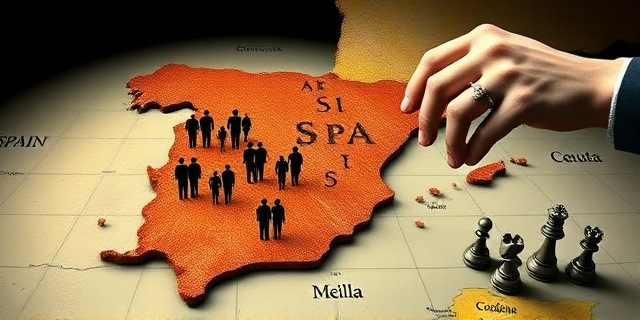 Una ilustración conceptual y satírica que muestra un mapa de España y el norte de África. La frontera sur está representada como un colador de cocina gigante y oxidado por donde fluyen siluetas humanas. De fondo, una mano con un anillo real marroquí mueve piezas de ajedrez sobre el mapa de Ceuta y Melilla. Estilo editorial de periódico, colores contrastados, atmósfera de tensión geopolítica.
