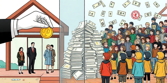 Una ilustración conceptual y satírica. En un lado, una mano enguantada de seda entrega una moneda de oro a una familia vestida con ropa elegante en una casa moderna. Al otro lado, separada por un muro de cristal, una multitud de niños con ropa gastada mira con hambre. Entre ambos lados, una montaña de papeles burocráticos y sellos oficiales que consume la mayor parte del dinero. Estilo editorial de revista política, colores contrastados, atmósfera irónica.