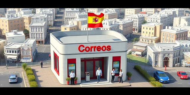 Un edificio de Correos con una bandera española ondeando en la parte superior, con varios carteros y empleados entrando y saliendo del edificio. En el fondo, se ve una ciudad con varios edificios y coches circulando.