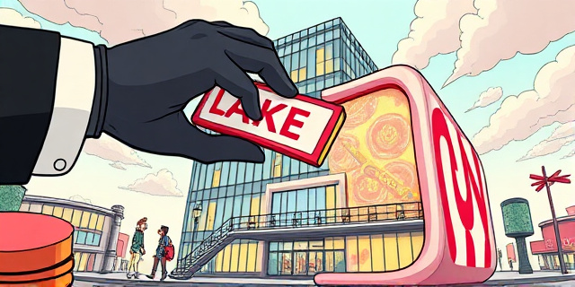 Una ilustración conceptual y satírica de un edificio lujoso de oficinas en Madrid transformado en una pieza de caramelo gigante, con una mano enguantada de funcionario intentando tomar una tajada del caramelo mientras sostiene un contrato borroso. Estilo de caricatura editorial de periódico, colores contrastados, atmósfera de ironía y opulencia.