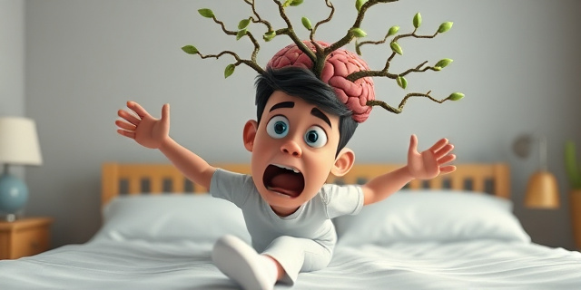 Una persona que se cae de una cama, con una expresión de sorpresa en su rostro, mientras su cerebro está representado como un árbol con ramas que se extienden hacia abajo
