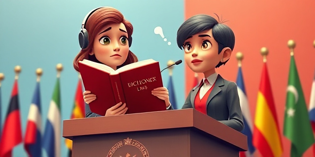 Una ilustración satírica de una mujer política frente a un podio internacional con banderas del mundo, sosteniendo un diccionario de inglés gigante y confusa, mientras un traductor invisible le susurra al oído. Estilo editorial de revista, colores vibrantes, atmósfera de ironía burocrática.