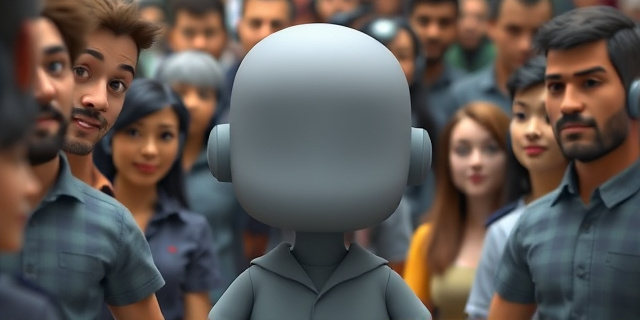 Una imagen de un personaje de videojuego con una cara vacía y gris, rodeado de personas con expresiones únicas y coloridas.