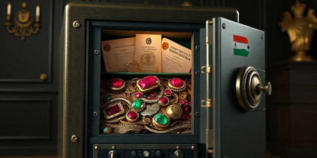 Una imagen conceptual y satírica. Un primer plano de una caja fuerte antigua y pesada abierta, de la cual desbordan joyas lujosas, rubíes y esmeraldas brillantes, mezcladas con papeles oficiales de gobierno y sellos estatales. El fondo es una oficina sobria y oscura. Estilo cinematográfico, iluminación dramática que resalte el contraste entre la frialdad del metal y el brillo excesivo de las piedras preciosas.