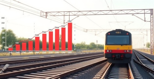 Una imagen conceptual que represente la infraestructura ferroviaria en España, con gráficos que muestren el incremento de la inversión y la inflación, junto a un tren en una vía deteriorada.