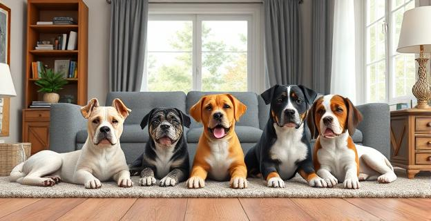 Imagen de un salón con cinco perros de diferentes razas descansando tranquilamente