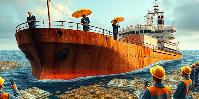 Una ilustración conceptual y satírica. Un gran barco industrial de acero oxidado hundiéndose lentamente en un mar de monedas y billetes. En la cubierta superior, unos pocos ejecutivos con trajes impecables beben champán mientras sostienen paraguas dorados, mientras que en la cubierta inferior, trabajadores con cascos industriales miran con incredulidad. Estilo editorial de revista económica, colores contrastados, atmósfera de ironía social.