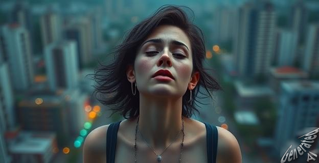 Imagen de una mujer en un estado de delirio, con un fondo de una ciudad colombiana en los años ochenta