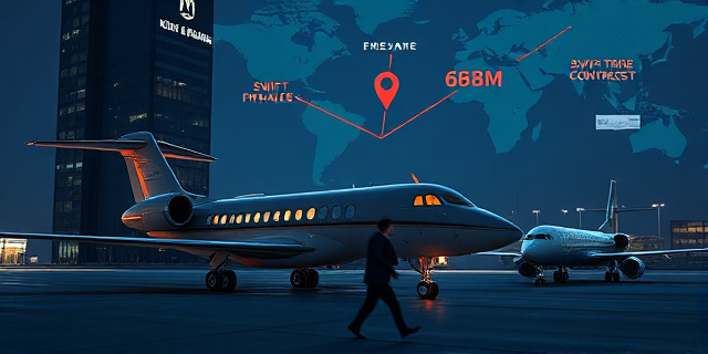 
  Una escena surrealista en un aeropuerto estadounidense: un avión presidencial de diseño elegante (Falcon) con las alas marcadas por un sello judicial gigante que dice 