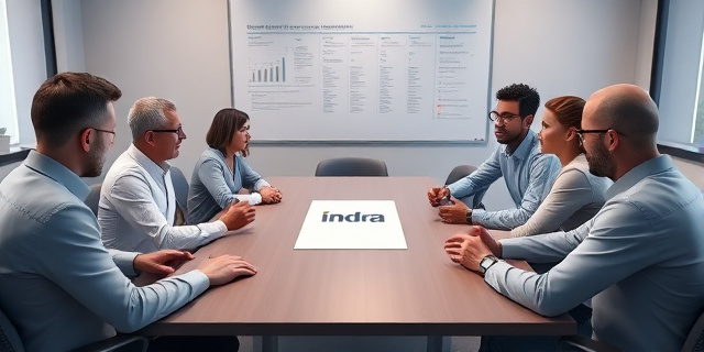 Un grupo de personas en una sala de reuniones, con un gran tablero en la pared y varios hombres y mujeres sentados alrededor de una mesa, discutiendo y gesticulando. En el centro de la mesa, un papel con el logotipo de Indra. Los rostros de las personas reflejan tensión y concentración.