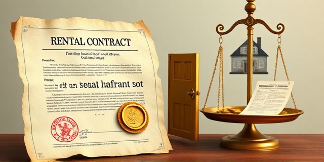 Una ilustración conceptual y satírica. Un contrato de alquiler antiguo y amarillento donde la firma es un sello oficial del gobierno, y el contrato se transforma en una llave dorada que abre una puerta hacia un apartamento moderno. Al fondo, una balanza de la justicia desequilibrada donde de un lado hay monedas de oro y del otro un papel de denuncia, estilo arte editorial de periódico, colores contrastados, atmósfera irónica.