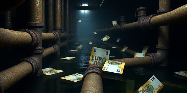 Imagen conceptual: Un laberinto de tuberías oxidadas y retorcidas, con billetes de euro flotando dentro del agua turbia. Iluminación dramática, estilo neo-noir. La composición debe evocar corrupción y frustración.
