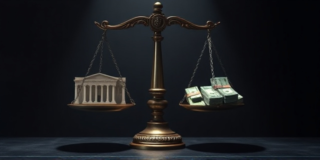 Una balanza de la justicia con una sede de partido político en un platillo y varios fardos de billetes en el otro. El ambiente debe ser oscuro y sombrío, con un foco de luz que ilumine la balanza. Estilo hiperrealista, con texturas detalladas y una paleta de colores apagados.