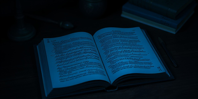 Una libreta de color azul intenso, abierta sobre una mesa antigua de madera oscura. La página está llena de escritura ilegible, pero con manchas de tinta que sugieren urgencia y secreto. Alrededor de la libreta, sombras alargadas y objetos difusos evocan una atmósfera de conspiración e intriga. Estilo pictórico: Barroco tenebrista.