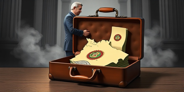 Una ilustración satírica estilo caricatura editorial. Un maletín de cuero abierto sobre un mapa de Bolivia, donde dentro del maletín se ven fajos de billetes y un sello oficial de fiscalía. De fondo, una sombra borrosa de un político estrechando la mano de un juez, con un aura de humo gris que sugiere secretos y pasillos oscuros.